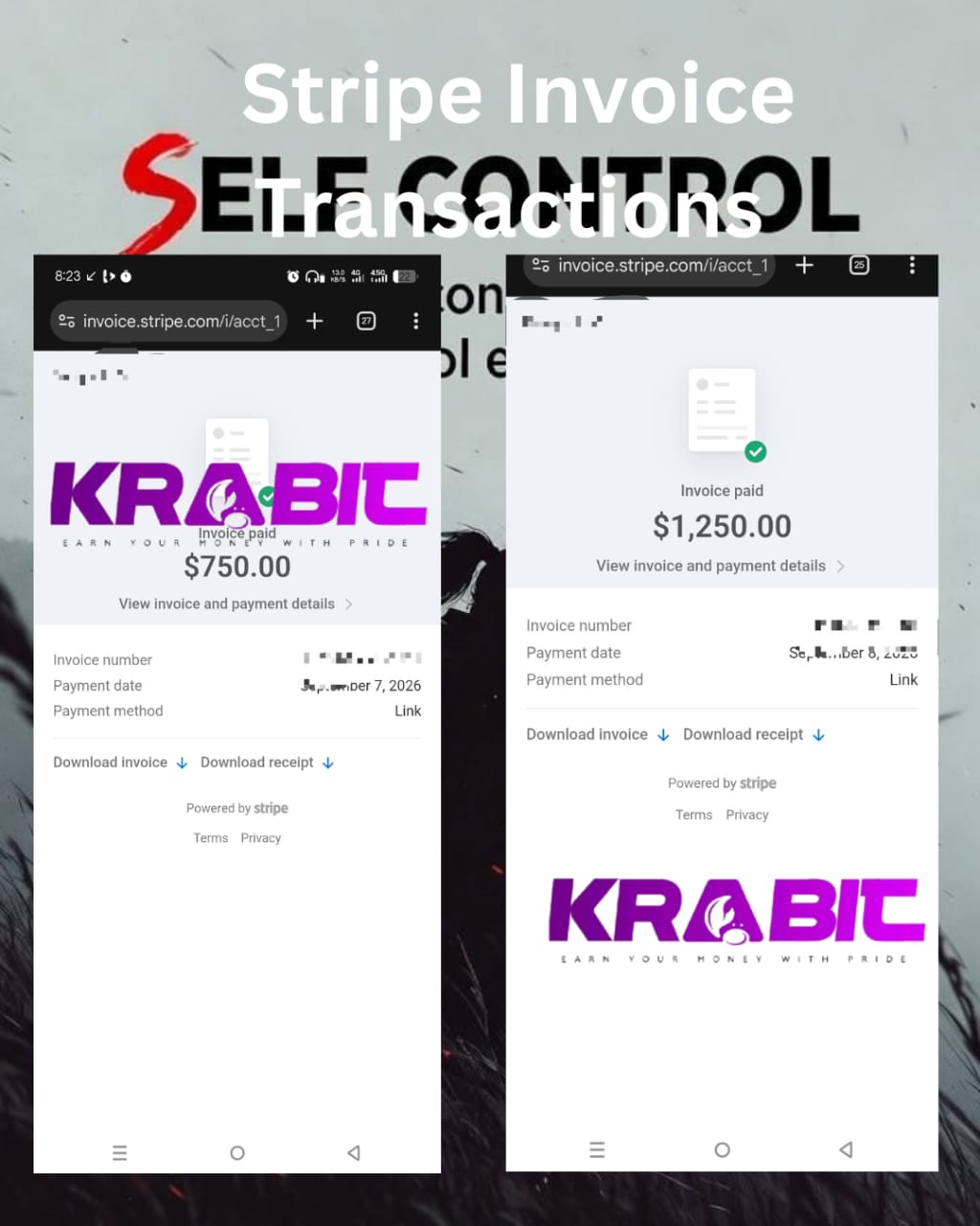 Stripe Invoices $1,250.00 and $750.00 paid and liquidated via KRABIT