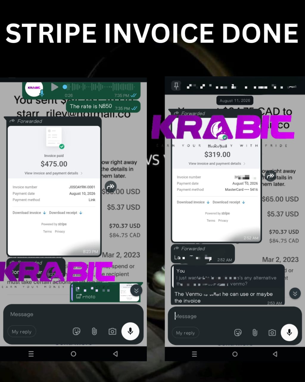 Stripe $475.00 and $319.00 USD invoice settlement with WhatsApp voice note rate agreement