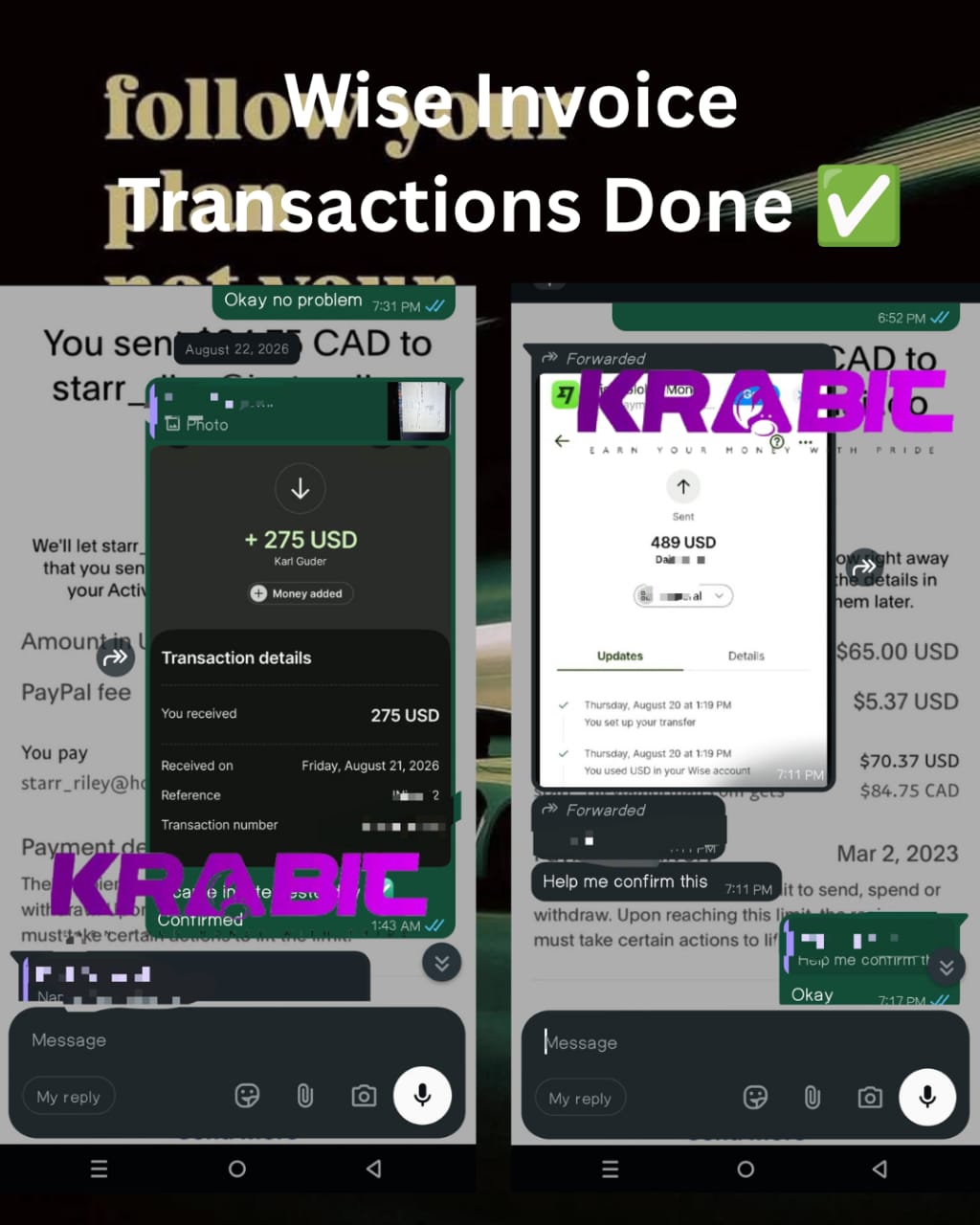 Wise $275 USD and $489 USD transfers confirmed