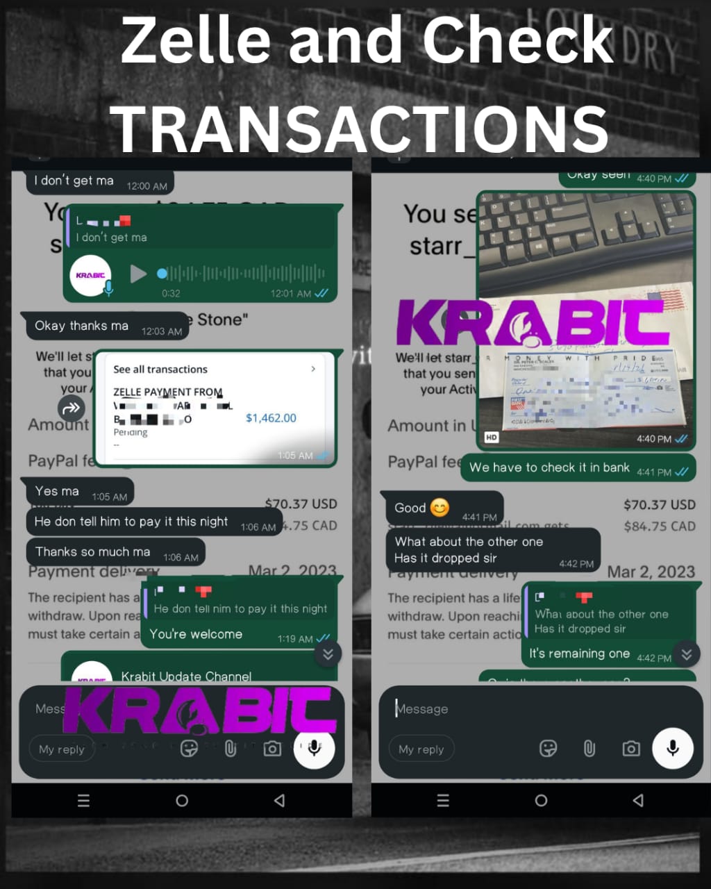 Zelle $1,462.00 USD and physical bank cheque settlement on WhatsApp